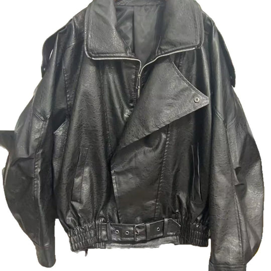 Damen modische Kunstlederjacke mit asymmetrischem Schnitt und dekorativem Gürtel EB
