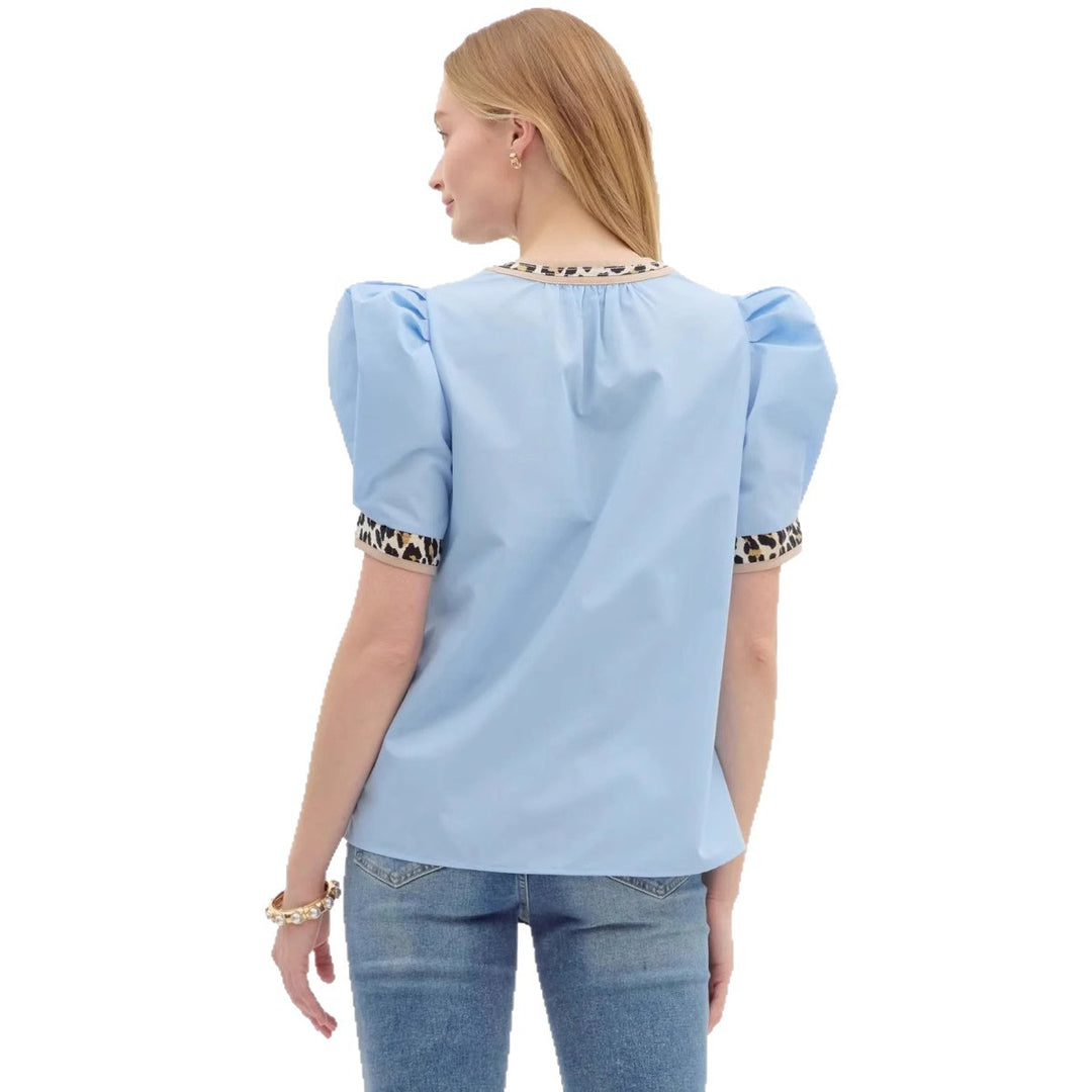 Damen nan legeres Blusen-Top mit voluminösen Puffärmeln, V-Ausschnitt und Leoprint-Besatz EB