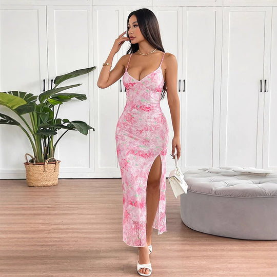 Damen elegantes Maxikleid mit floralem Muster und seitlichem Schlitz EB