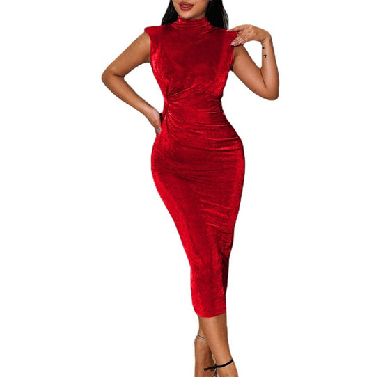 Damen figurbetontes Midi-Kleid mit elegantem Stehkragen EB