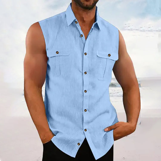 Herren ärmelloses Chambray-Hemd mit Brusttaschen und Knopfdetails EB