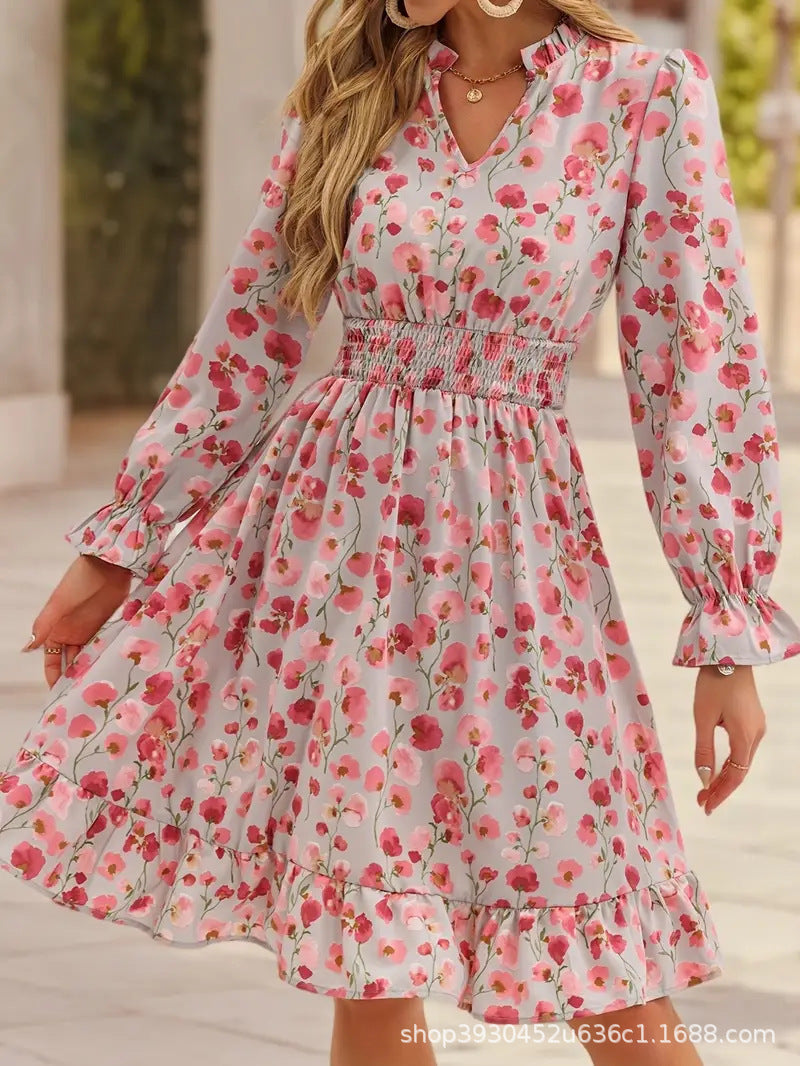 Damen Blütenmuster Mini-Kleid mit voluminösen Ärmel und elastischem Taillenbund EB