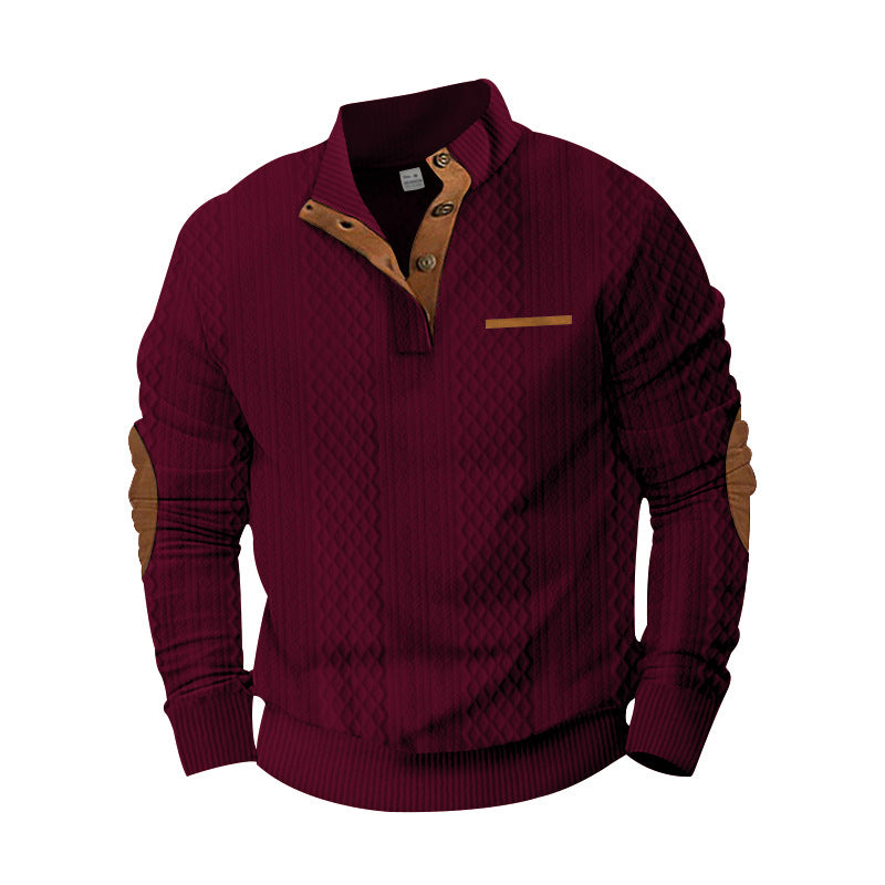 Herren Strukturiertes Kabelstrick-Sweatshirt mit Halbknopfblende, Kunstleder‑Patchtasche & Ellbogenpatches EB