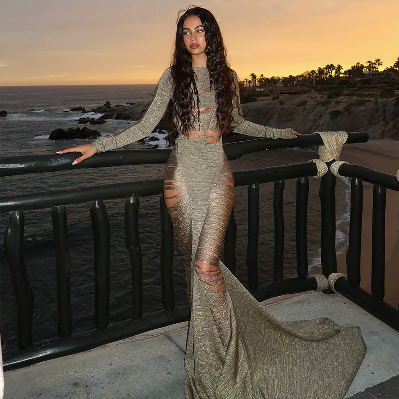 Damen Elegantes und sexy Maxikleid mit transparenten Einsätzen EB