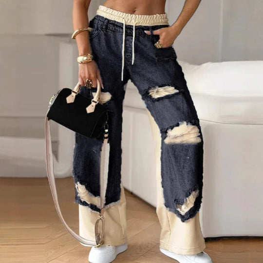 Damen nan weite Patchwork-Jeans mit elastischem Tunnelzugbund, Destroy-Look und kontrastierenden Sweat-Einsätzen EB
