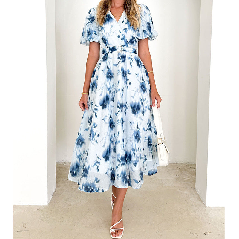 Damen Maxi-Kleid im lässigen Wickelstil mit voluminösen Ärmeln und Taillengürtel EB
