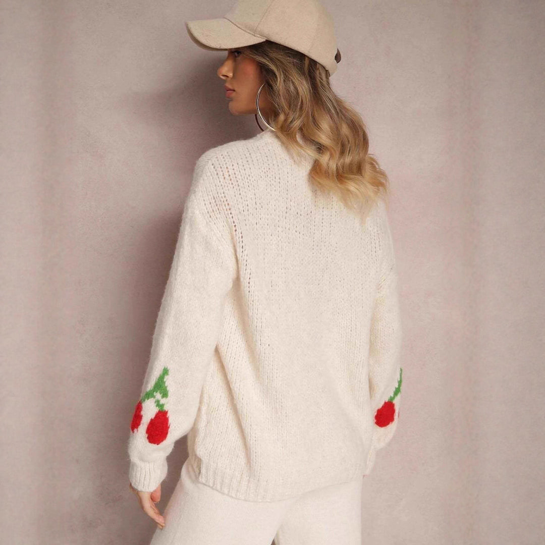 Damen Strickpullover mit fruchtigem Kirschmotiv und lässigem Schnitt EB