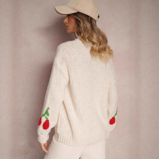 Damen Strickpullover mit fruchtigem Kirschmotiv und lässigem Schnitt EB