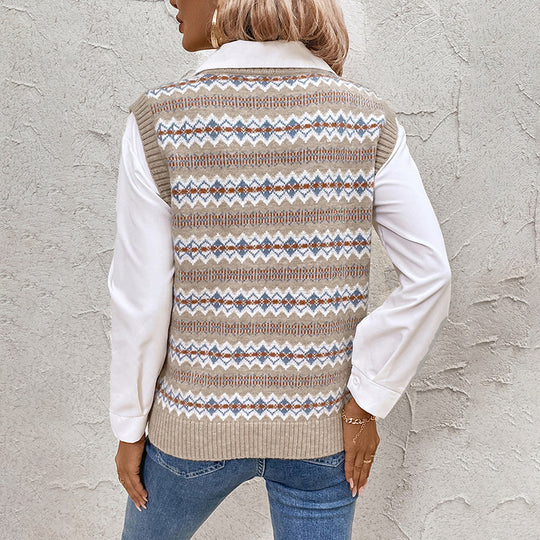 Damen Strickweste mit V-Ausschnitt und modischem Muster EB