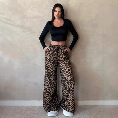 Damen Weite Palazzo-Hosen mit auffälligem Leopardenmuster EB