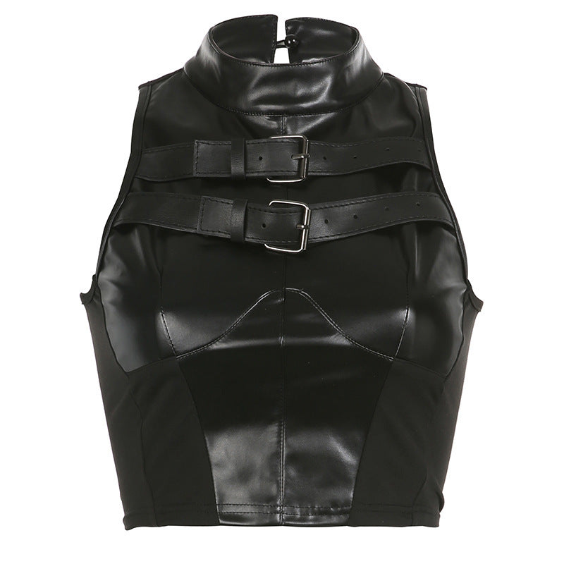 Damen trendiges Kunstledercrop-Top mit verstellbaren Schnallen EB