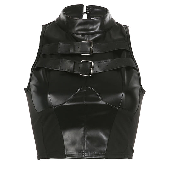 Damen trendiges Kunstledercrop-Top mit verstellbaren Schnallen EB
