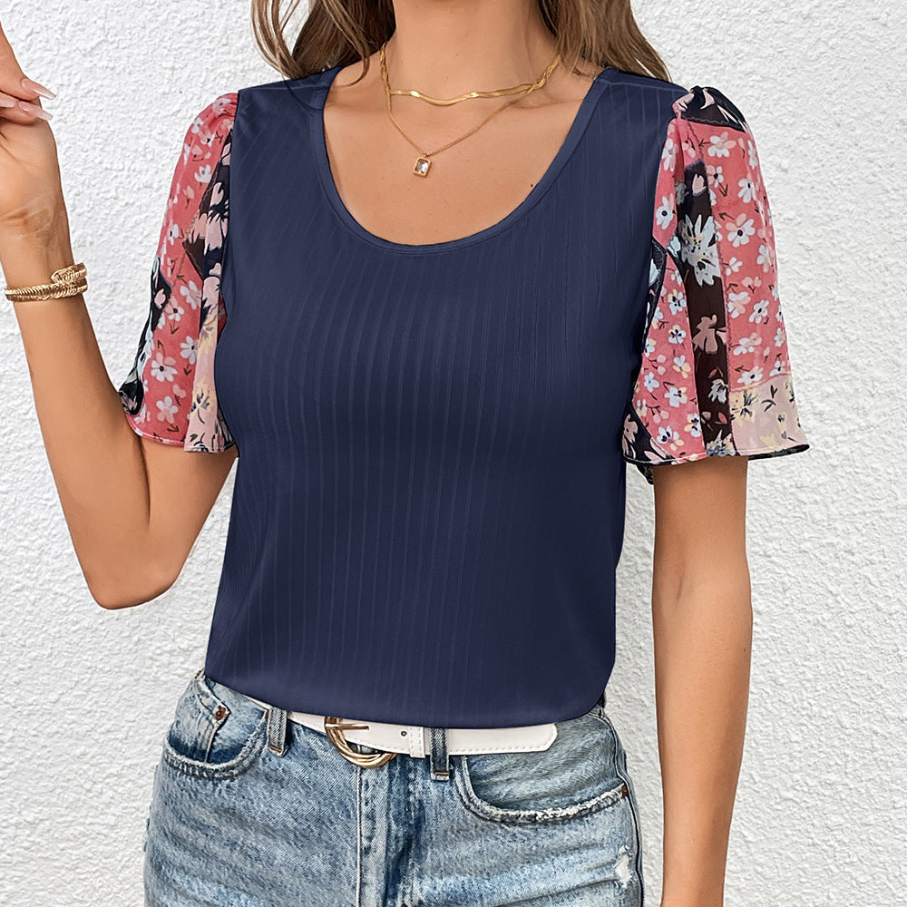 Damen T-Shirt mit eleganten transparenter Blumenärmeln EB