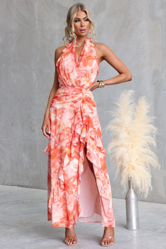 Damen Maxikleid mit fließendem Design und Rüschendetails EB