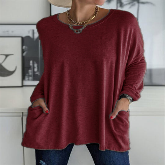 Damen nan oversized Longsleeve-Tunika mit Rundhalsausschnitt, überschnittener Schulter und aufgesetzten Taschen EB