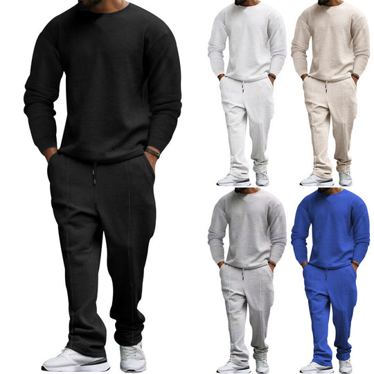 Herren nan strukturiertes Lounge-Set mit Rundhals-Pullover und schmal zulaufender Naht-Jogginghose EB