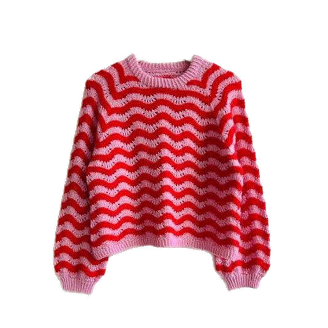 Damen Strickpullover mit wellenförmigem Muster und großzügigem Schnitt EB