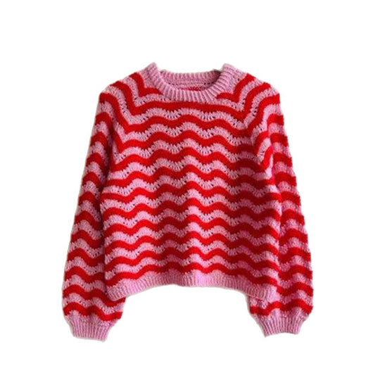 Damen Strickpullover mit wellenförmigem Muster und großzügigem Schnitt EB