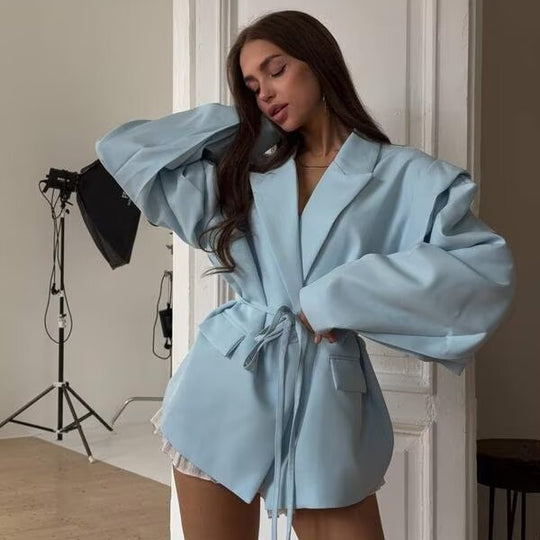 Damen nan taillierter Blazer mit Bindegürtel, Reverskragen und Schulterpolstern EB