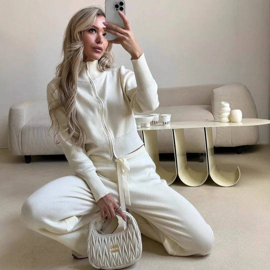 Damen gestricktes Lounge-Set mit kurzem Reißverschluss-Cardigan und weitem High-Waist-Jogginghose EB