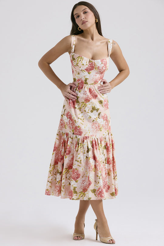 Damen Boho Maxikleid mit romantischem Blumendruck und voluminösem Rock EB