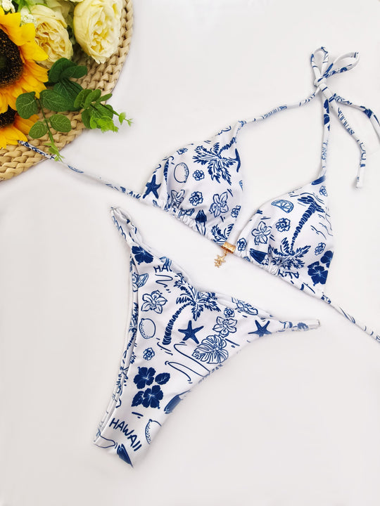 Damen Triangel-Bikini mit floralem Design und verstellbaren Trägern EB