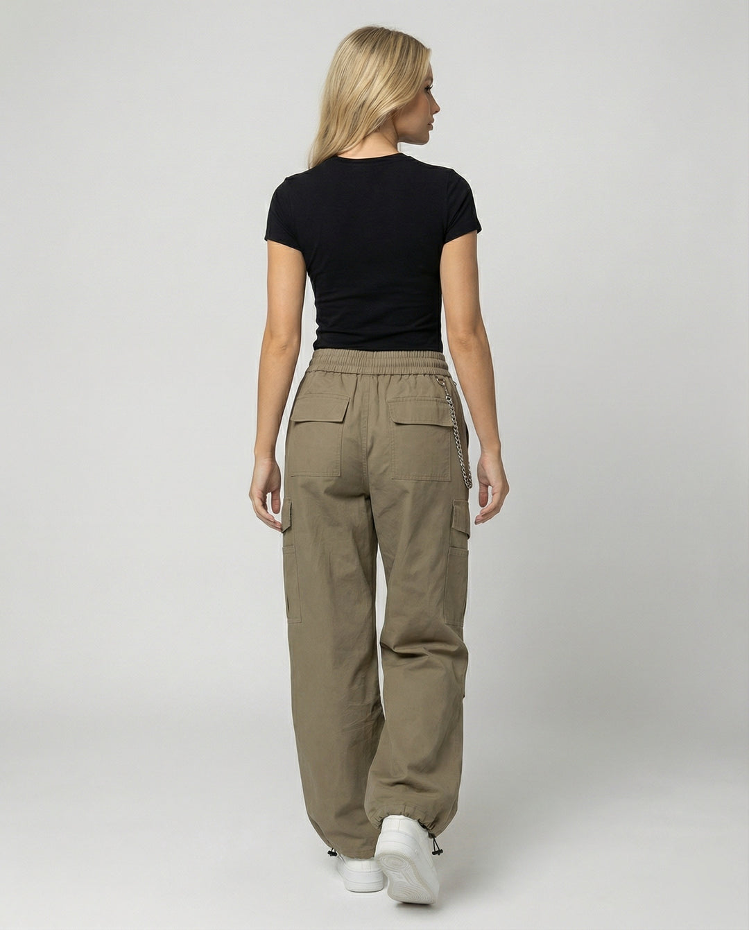 Damen utilitaristische weit geschnittene Cargo-Hose mit hohem Bund Kordelzug und Saumverstellung EB