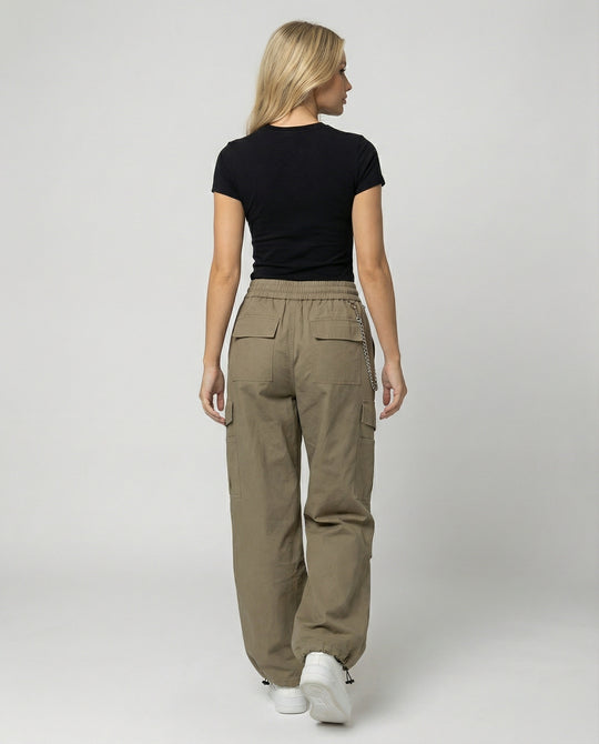 Damen utilitaristische weit geschnittene Cargo-Hose mit hohem Bund Kordelzug und Saumverstellung EB