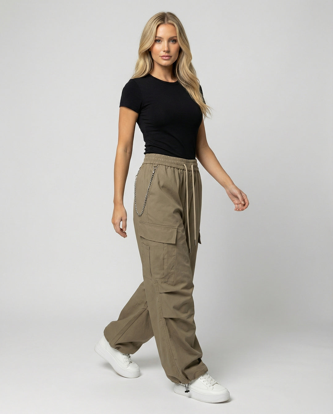 Damen utilitaristische weit geschnittene Cargo-Hose mit hohem Bund Kordelzug und Saumverstellung EB