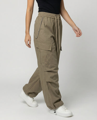 Damen utilitaristische weit geschnittene Cargo-Hose mit hohem Bund Kordelzug und Saumverstellung EB