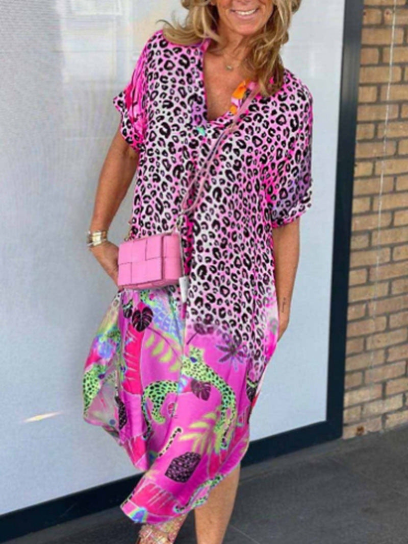 Damen nan weit geschnittenes V-Ausschnitt Midikleid mit Leoparden- und Tropenprint EB