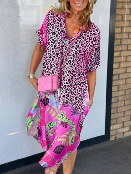 Damen nan weit geschnittenes V-Ausschnitt Midikleid mit Leoparden- und Tropenprint EB