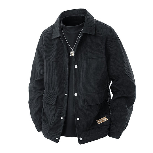 Men's  relaxed corduroy chore jacket with patch flap pockets and metal snap front EB