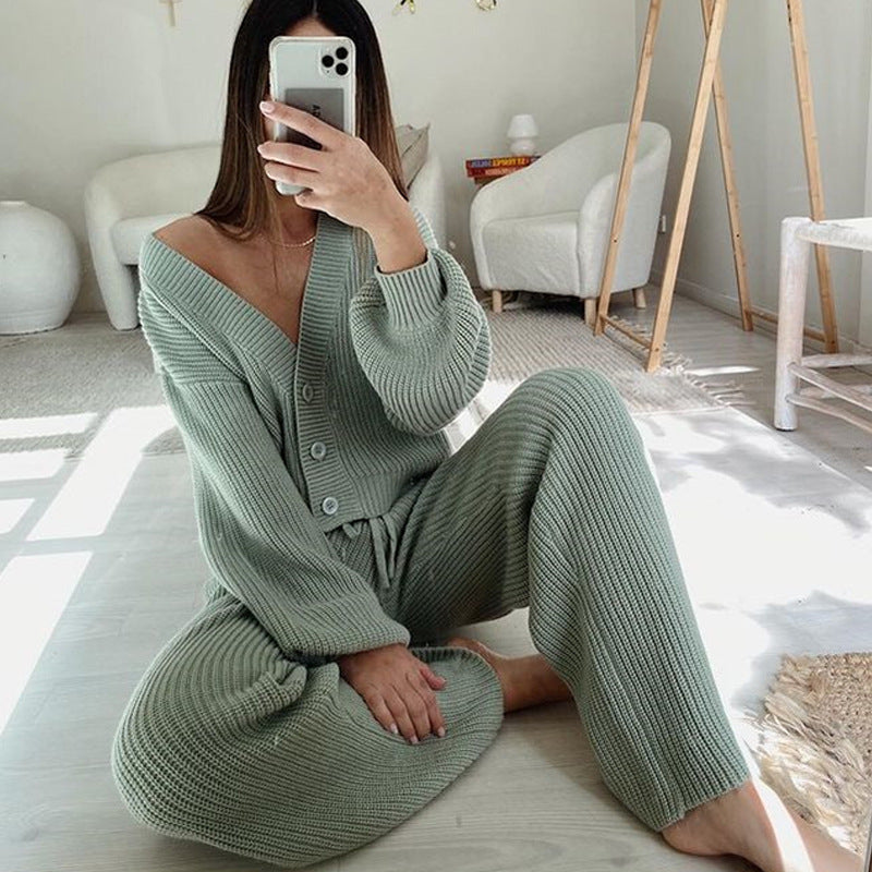 Damen Geripptes Strick-Loungewear-Set mit geknöpftem Cropped-Cardigan und High‑Waist Kordelhose EB