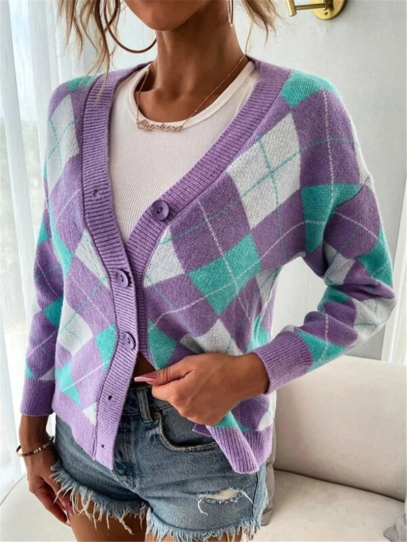 Damen Karierte Strickjacke mit Knöpfen und V-Ausschnitt EB