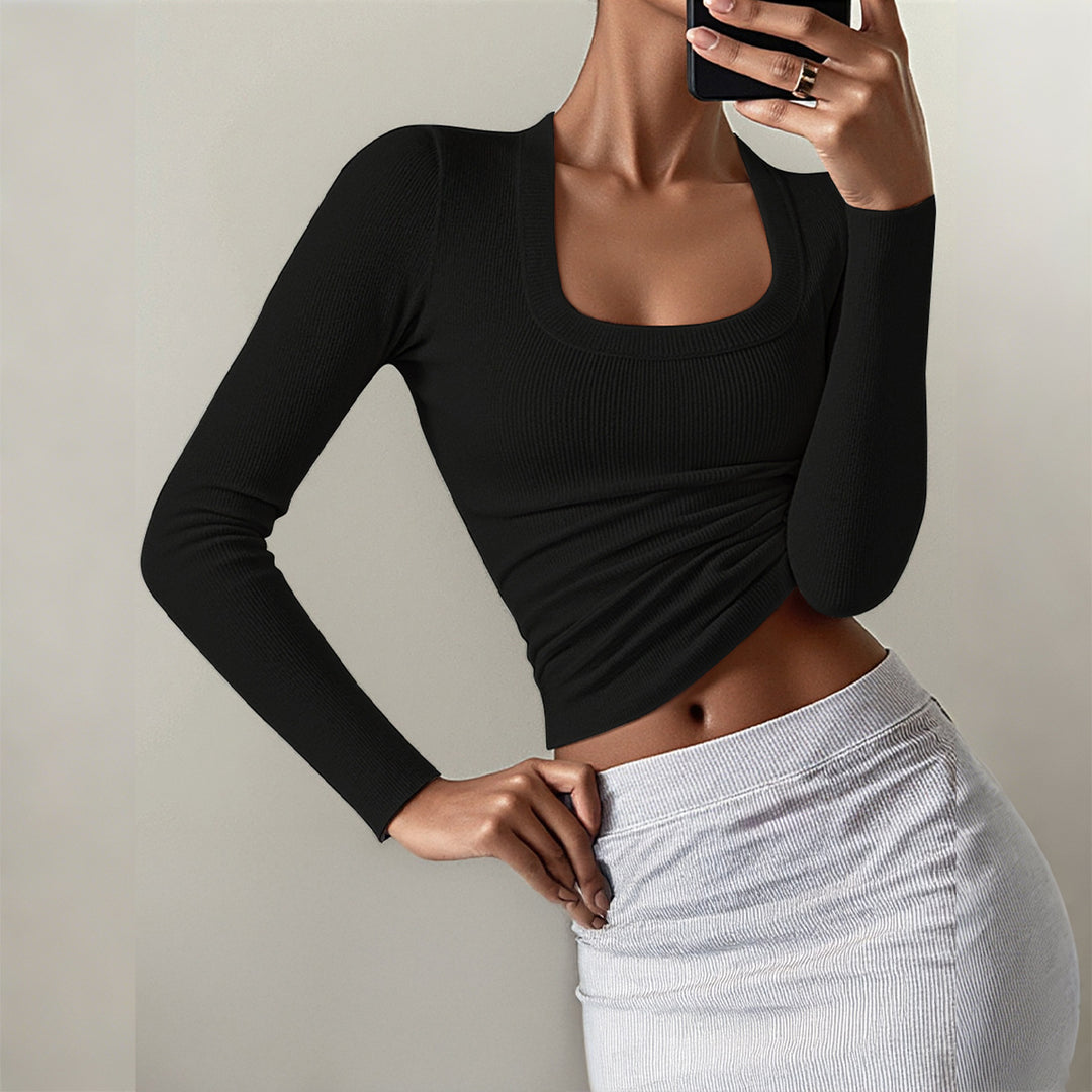 Damen nan figurbetontes Rippstrick-Longsleeve mit tiefem Quadrat-Ausschnitt EB