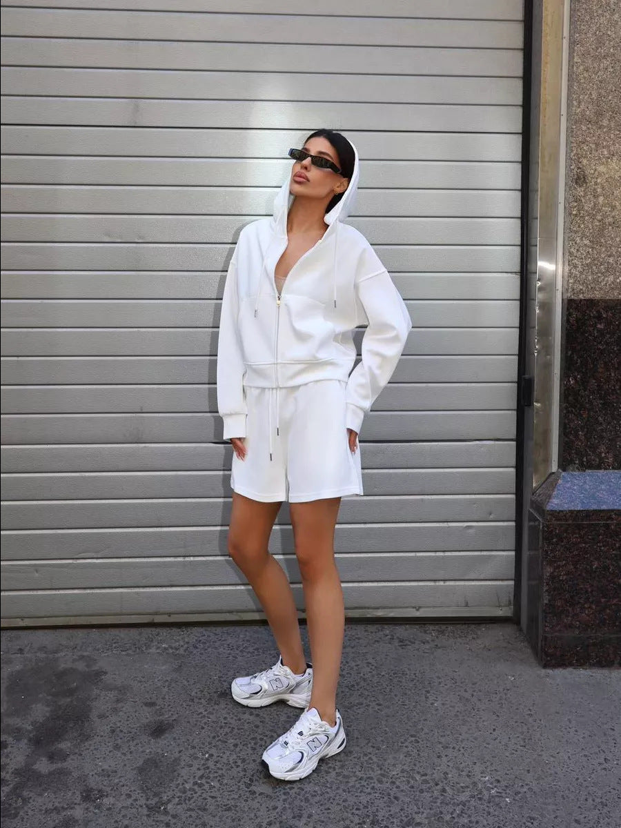 Damen nan kurzes Kapuzen-Sweatshirt mit Reißverschluss und elastischer Highwaist-Relax-Shorts Set EB