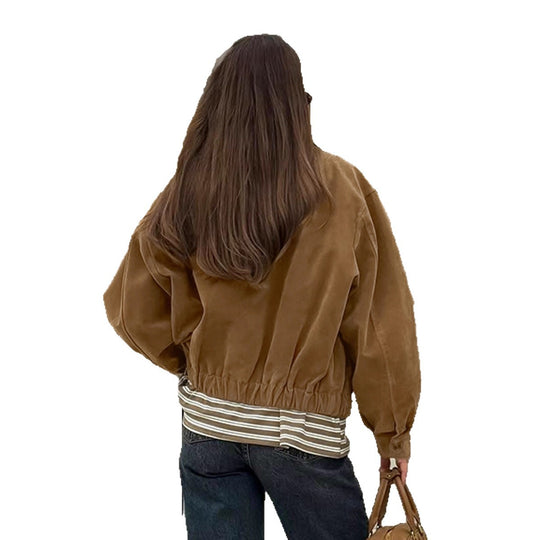 Damen Modische Wildlederjacke mit elastischem Bund und asymmetrischem Kragen EB