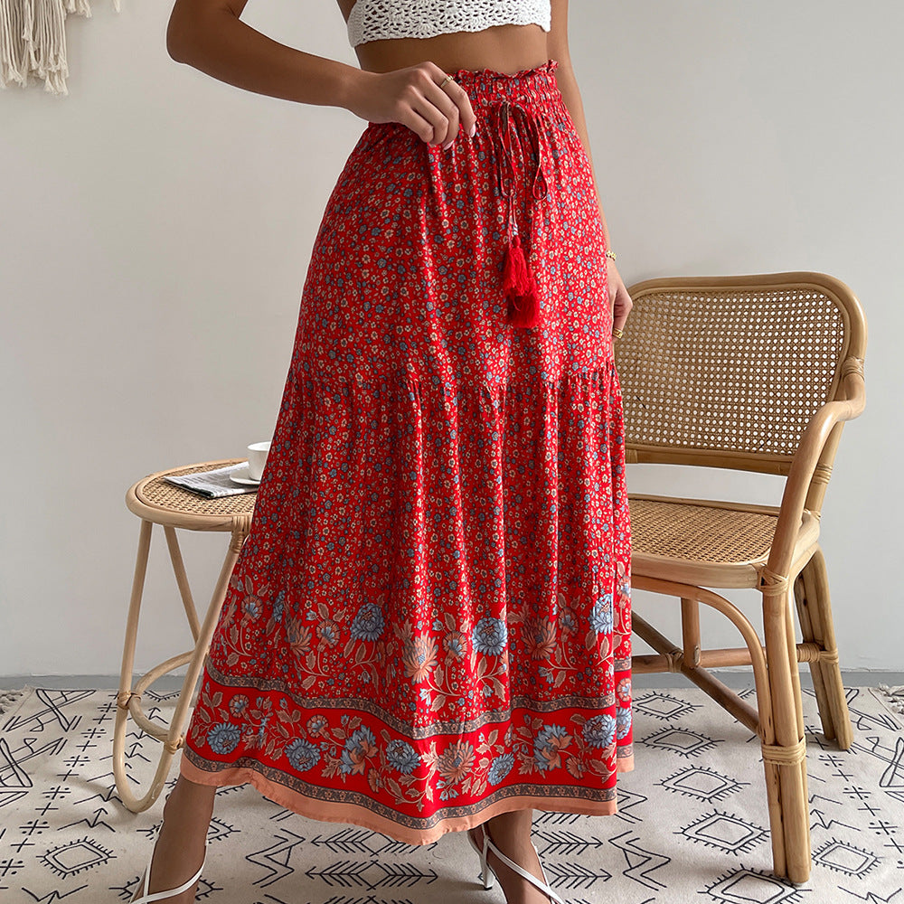 Damen nan leichter Stufen-Maxirock mit elastischem Rüschenbund, Kordel-Tassel und zartem Paisley-Print EB