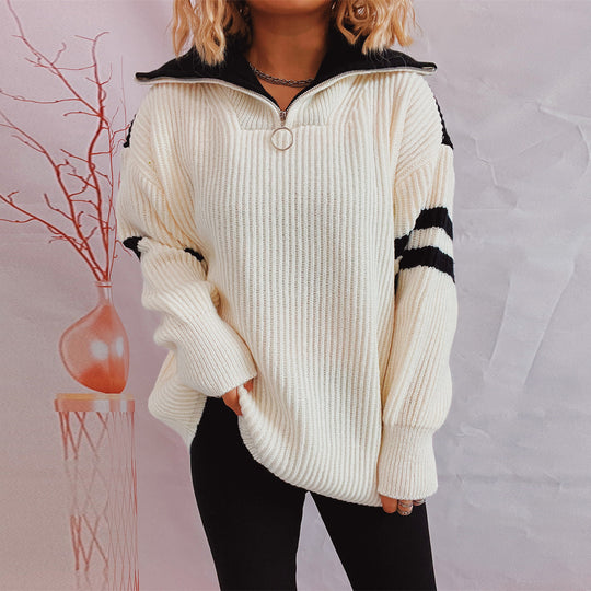 Damen lässiger Pullover im sportlichen Stil mit Stehkragen und Reißverschluss EB
