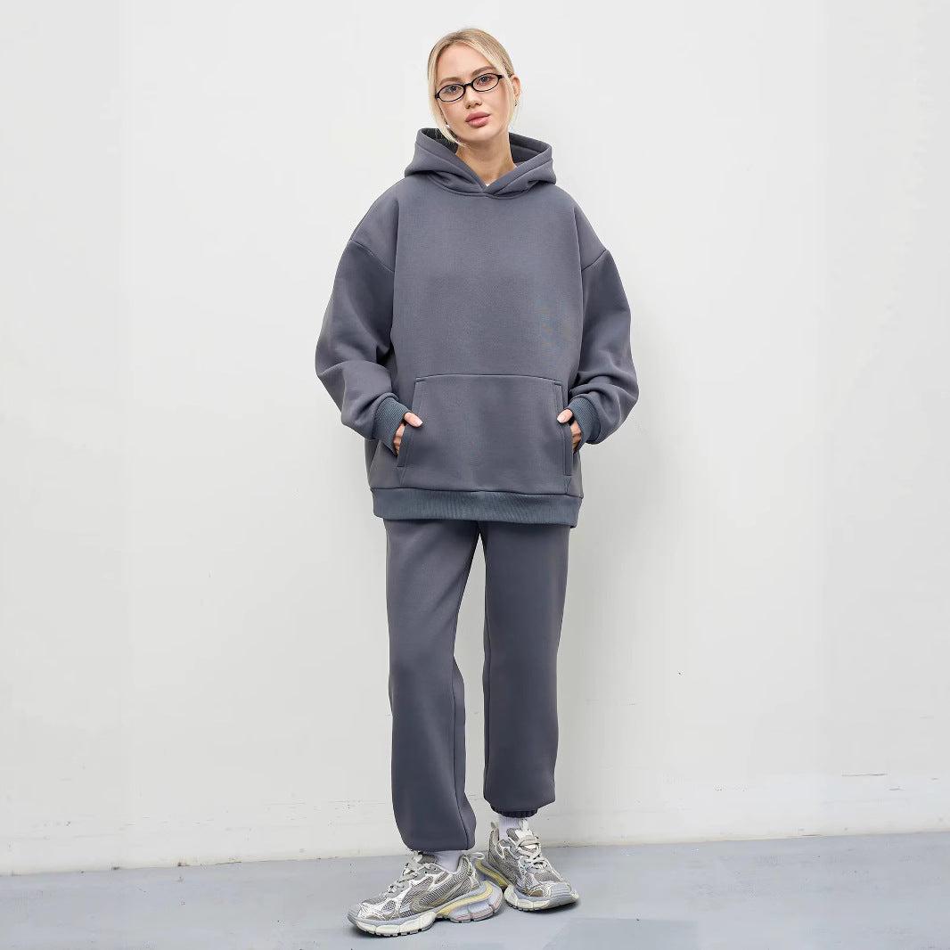 Damen lässiges Kapuzen-Sweatset aus schwerer Baumwollfleece mit Kängurutasche und gerader Jogginghose EB