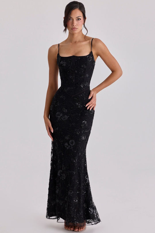 Damen nan besticktes Corsagenabendkleid mit transparenter Spitze und figurbetonter Silhouette EB