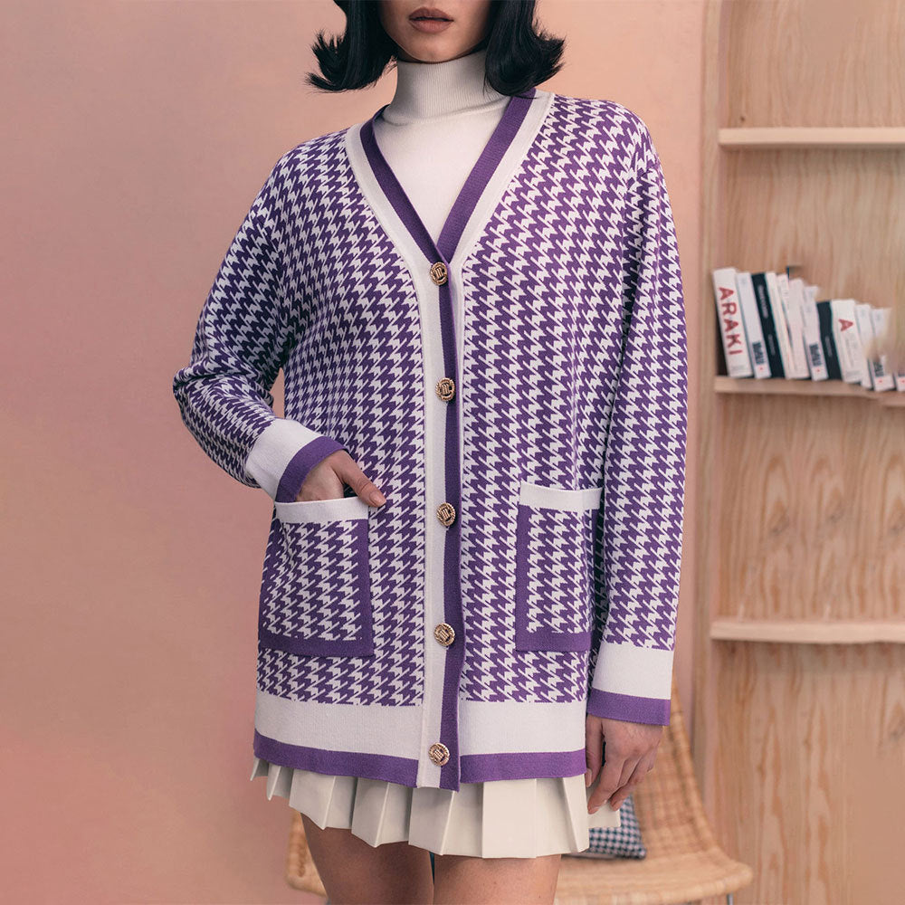 Damen Strickcardigan mit klassischem Hahnentritt-Muster und Knopfleiste EB