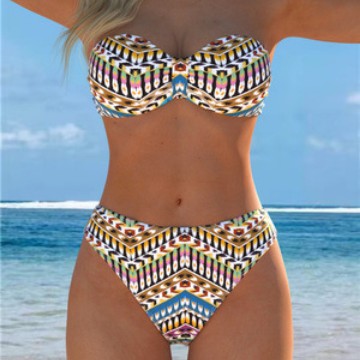Damen Bandeau-Bikini mit stylischem Ethno-Muster und hohem Taillenschnitt EB