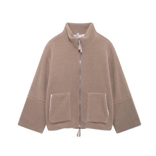Damen Oversize Teddy-Fleecejacke mit Stehkragen und aufgesetzten Taschen EB