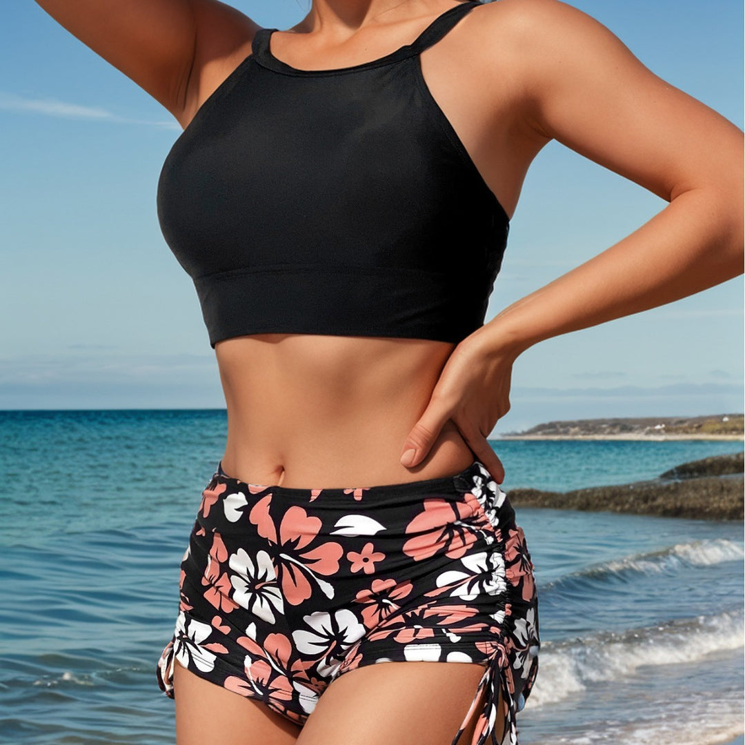 Damen Sportliches Bikini-Set mit hochgeschlossenem Oberteil und Rüschenhose EB