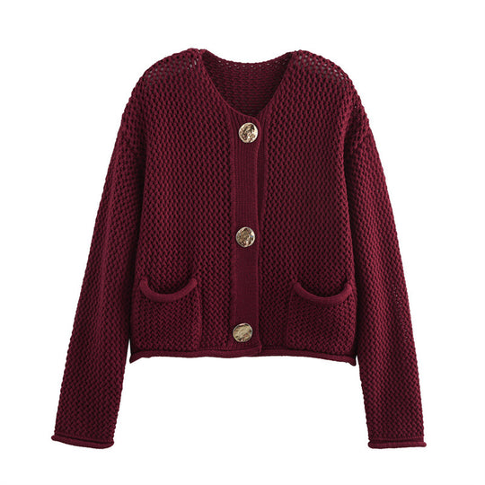 Damen Modische Strickjacke mit dekorativem Häkelmuster EB
