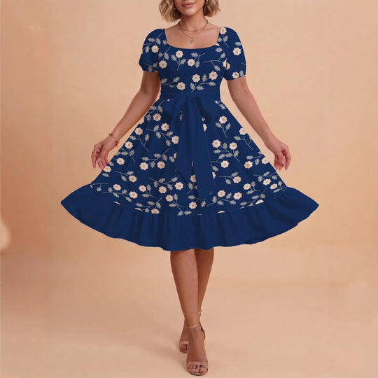 Damen Blumenkleid mit taillierbarem Gürtel und voluminösen Ärmeln EB