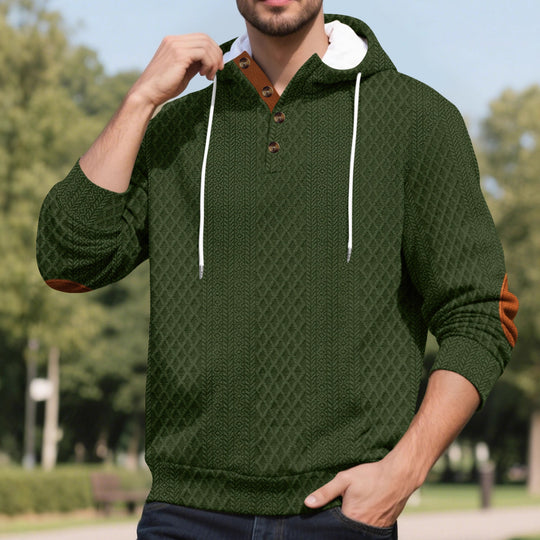 Herren nan Diamond-Struktur Kapuzenpullover mit Kurzknopfleiste, gesteppter Kapuzeninnenkante und Wildleder-Ellbogenpatch EB