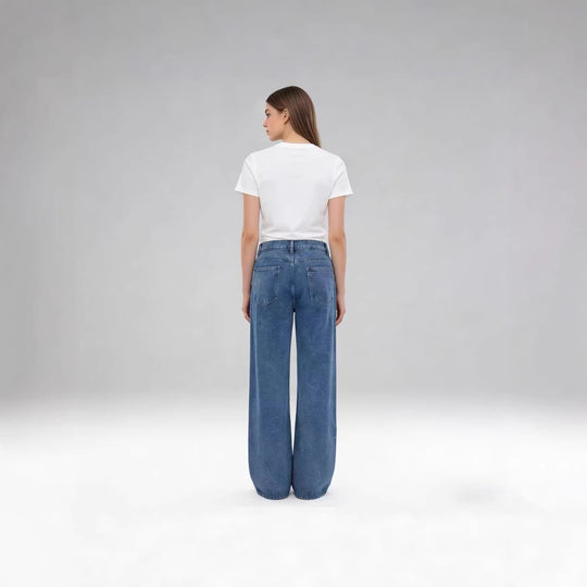 Damen nan hochgeschnittene Bundfalten-Weitbein-Jeans mit hohem Bund und Gürtelschlaufen EB